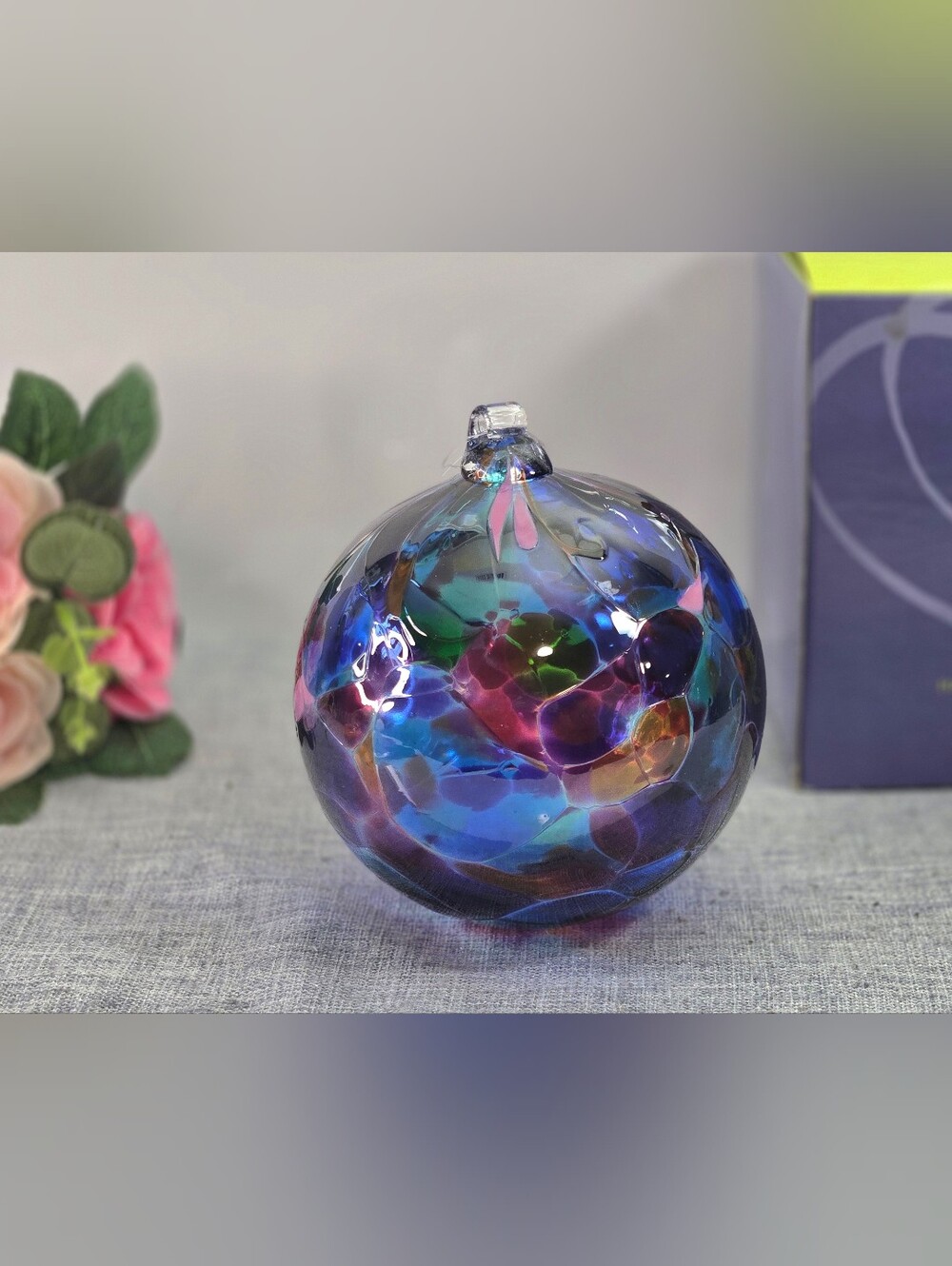 Kitras Art Glass Calico Ball Ornament 5" Hand Blown Friendship Orb Blue Magenta